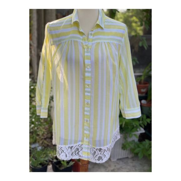 Esme & Esyllte Anthro Blouse Shirt Cotton Lace Stripes Sz 8 Yellow White - Picture 1 of 9